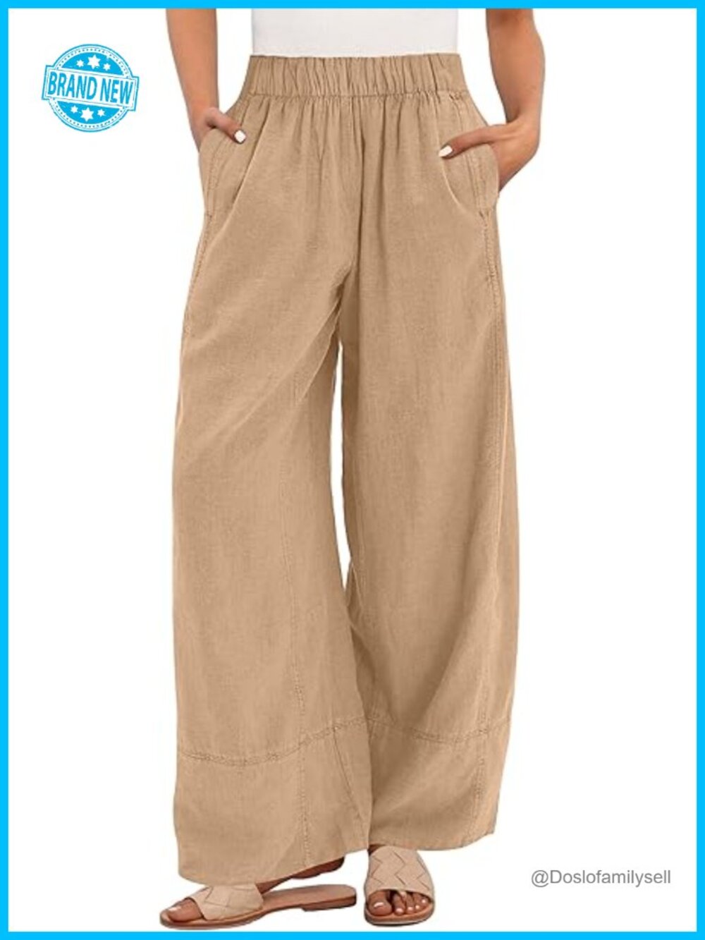 Wide Leg Linen Pants Elastic Waist Casual Travel Trousers with Pockets